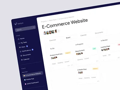 Task Management Dashboard cards dashboard design light navy saas task task management team ui website