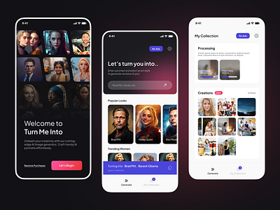 Turn Me Into - AI Image Generator App ai image app app branding app design artificial intelligence branding design digital design graphic design image generate iosapp mobile app ui uiinspiration uiux userinterface