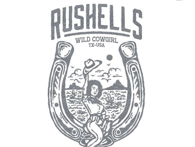 RUSHELLS artwork badge branding cowgirl design drawing graphic design hand draw illustration logo t shirt design vintage design western wild west
