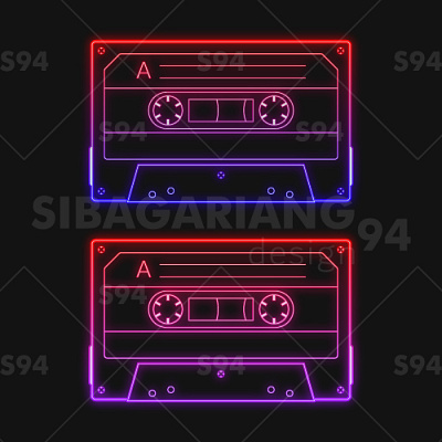 Neon retro audio red cassette tape, a vector illustration set cyberpunk graphic design oldschool