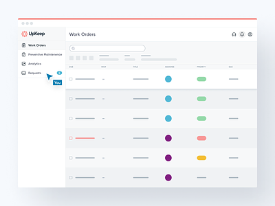 UpKeep Work Orders Dashboard - Product analytics app design bellingham dashboard gear preventative maintenance product ui search bar sidebar software table tool upkeep user interface washington webstacks work order