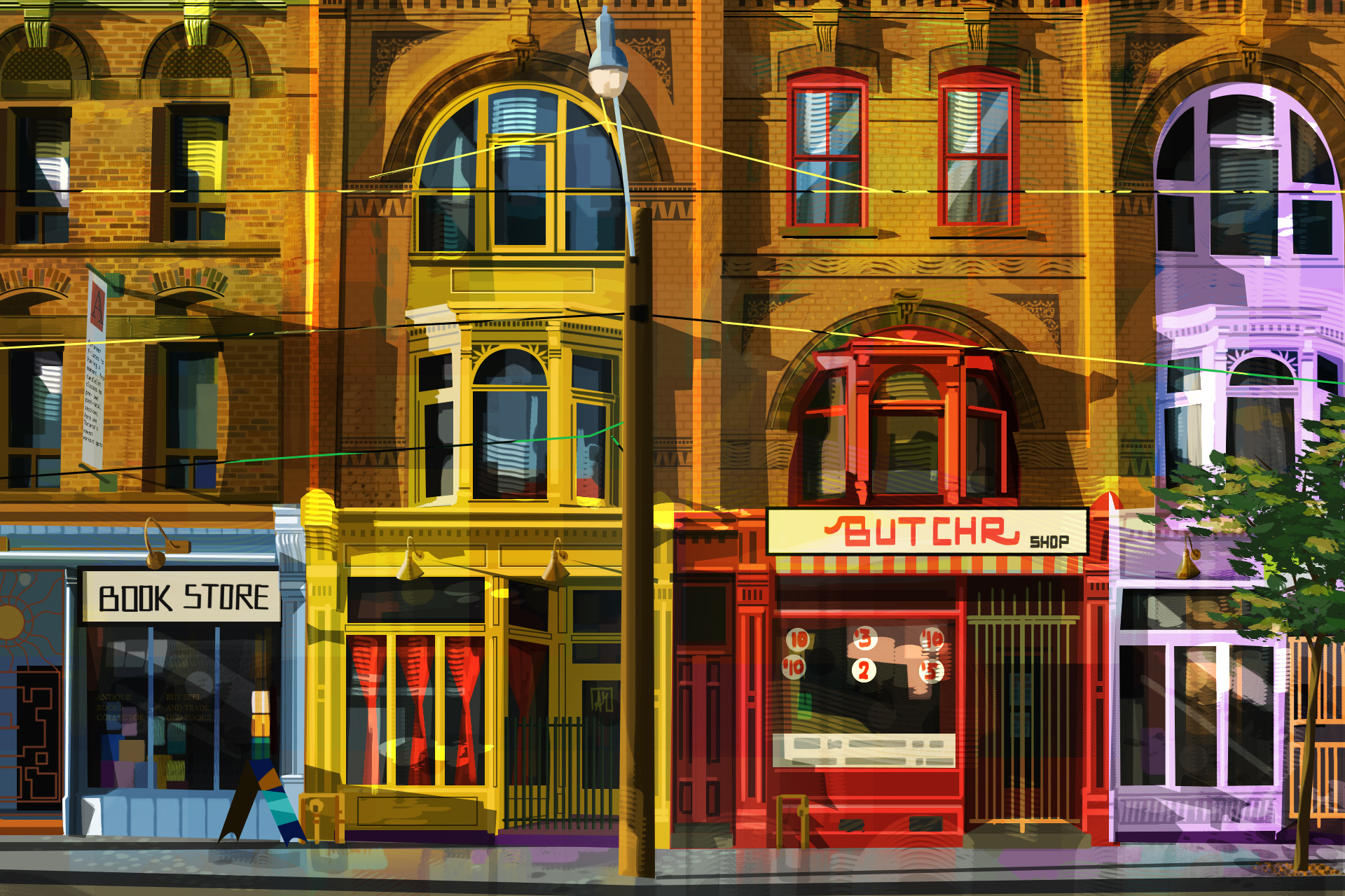 Sunny neighbourhood city colourful illustration lights print street sunny toronto