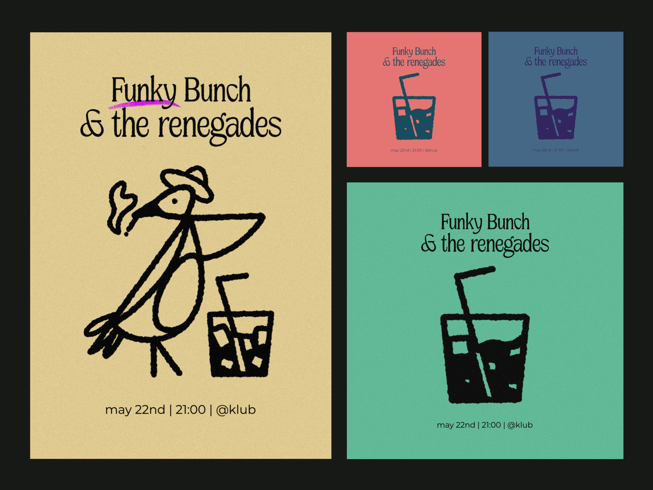 🎷Funky Bunch & the renegades bird branding character design drinks event freelancer graphic design marketing motion motion graphics music nikola obradovic ondsn party typography web design