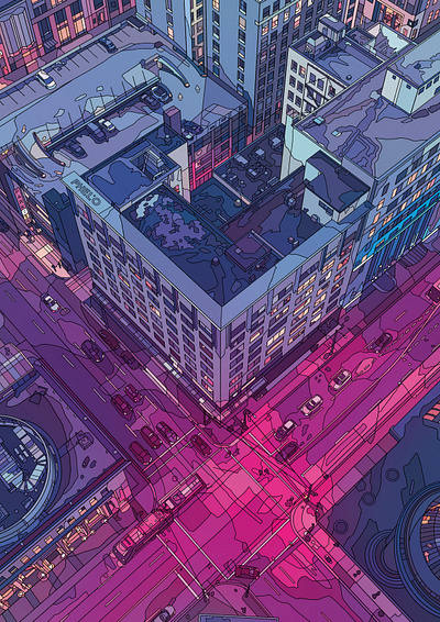 PINK STREET aerial architecture art digital illustration neon night painting street