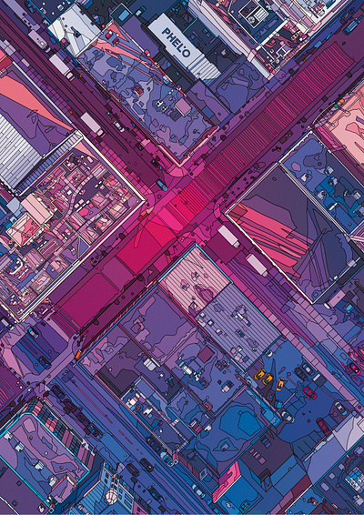 PINK AERIAL aerial architecture art digital illustration lights neon painting pink street