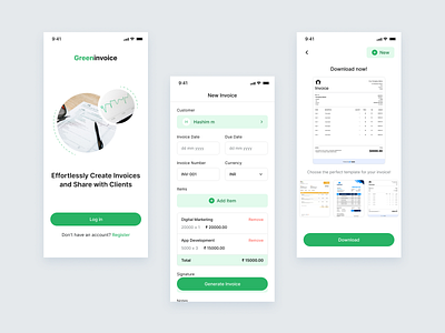 Invoice Creation Mobile App UI Design creative design digital invoicing digital solutions eco conscious eco friendly design environmental innovation graphic design green business green design trends green technology invoice creation mobile app design mobile uiux paperless invoicing sustainability sustainable practices technology for good ui design user interface