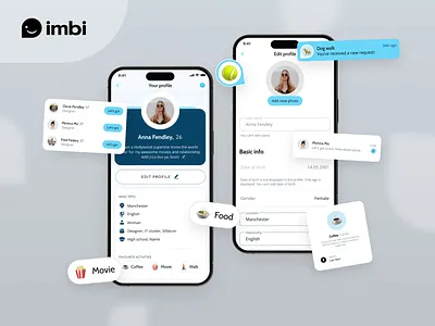 Profile Screens | imbi activities app dev app development blue branding case study emotions flow logotype map meeting mobile app motion graphics pin response responses social sturtup ui uiux