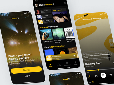 Music Player App Design Exploration classic dance dark darkmode happy mobile modern music simple song ui yellow
