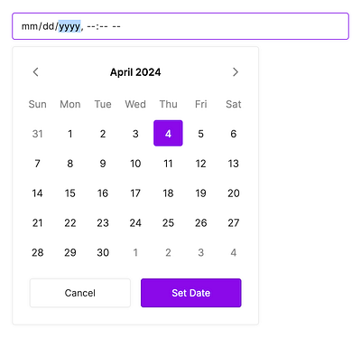 Mod - Datepicker calendar date date picker date time date time picker datepicker dates dropdown form input navigation purple time picker timepicker
