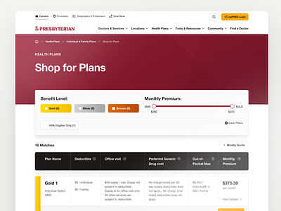 PHS Shop For Plans - Site Redesign application ui bellingham comparison table deductible filters graph health care hospital insurance medical new mexico phs presbyterian health services pricing product design slider washington web design webstacks