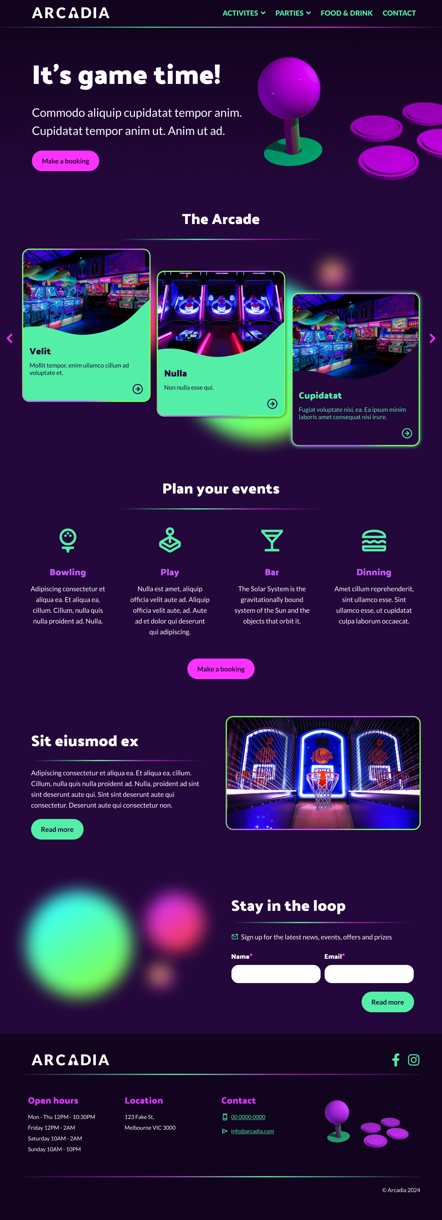 Arcade bar/restaurant website 3d dark mode design system ui ui design web design website