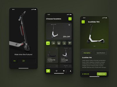 Eco-Friendly Electric Scooter Store App for Green Commutes android app application clean transportation design eco friendly transportation eco mobility electric scooters electric vehicle design electric vehicles green energy green technology sustainable design sustainable living sustainable mobility ui uiux uiux design urban commuting urban mobility ux