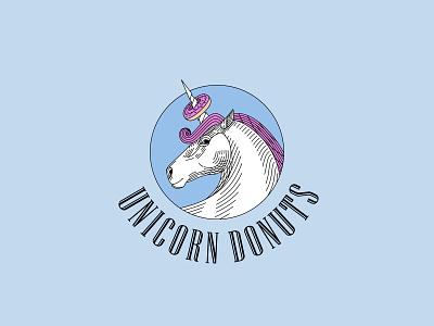 Unicorn Donuts Engraving Logo brand branding donut engraving food hair horn hors illustration linocut logo retro unicorn vintage