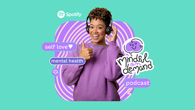 Mindful on Demand Podcast - Brand identity app brain branding funny illustration logo mental health podcast purple social media spotify visual identity wellness