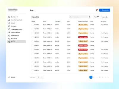 Orders List - Dashboard customer dashboard dashboard order delivery items order list payment pending status total