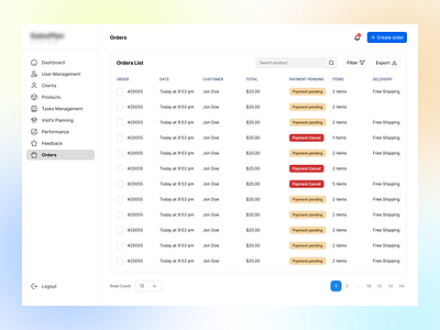 Orders List - Dashboard customer dashboard dashboard order delivery items order list payment pending status total