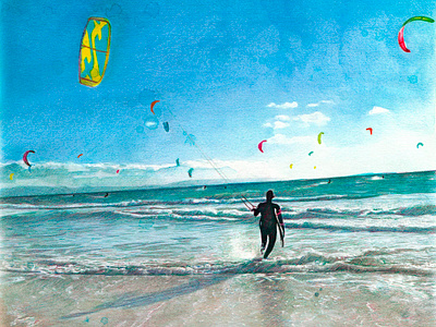 Man kitesurfing realistic portrait drawing beach coloredpencils illustration kitesurf kitesurfing ocean sand surf water watercolor watercolour waves