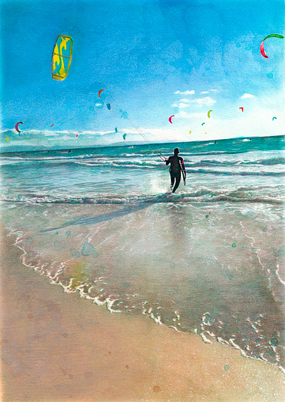 Man kitesurfing realistic portrait drawing beach coloredpencils illustration kitesurf kitesurfing ocean sand surf water watercolor watercolour waves
