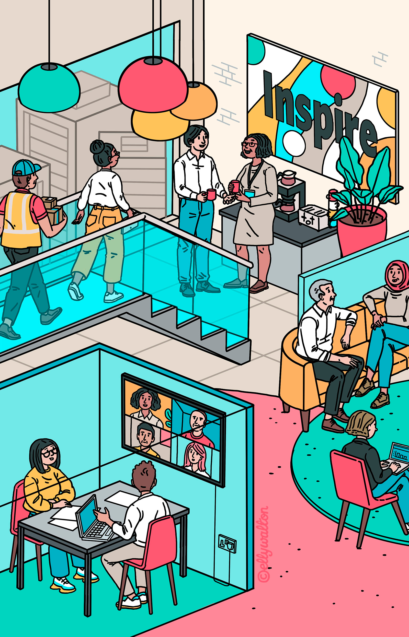 Editorial illustration: Creative open plan office working advertising illustration architecture artwork brand illustration conceptual illustration drawing editorial editorial illustration employees illustration isometric illustration magazine magazine illustration office illustration office space office workers people web illustration