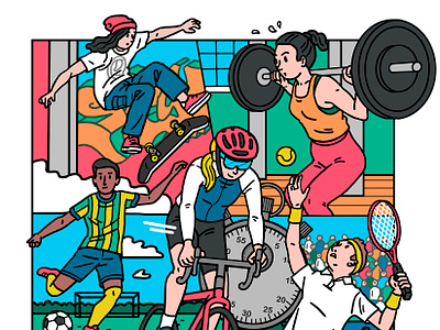 Sporting activities illustration advertising illustration artwork cycling digital art drawing editorial editorial illustration football illustration magazine magazine illustration marathon photoshop runners skateboarding sports sports activities tennis web illustration weight lifting