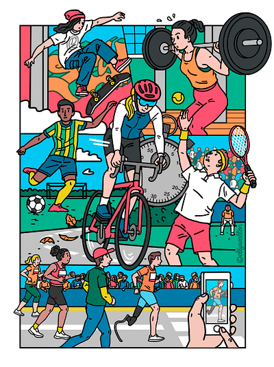 Sporting activities illustration advertising illustration artwork cycling digital art drawing editorial editorial illustration football illustration magazine magazine illustration marathon photoshop runners skateboarding sports sports activities tennis web illustration weight lifting