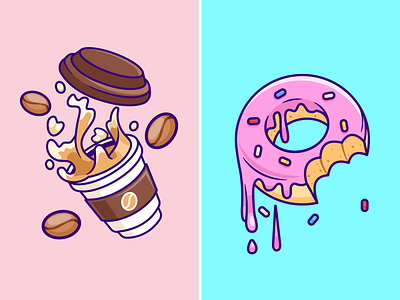 Coffee or Donut☕️🍩 bean bite breakfast cafe coffee cup donut drink fast food flying food food icon illustration logo menu sprinkles sweet water