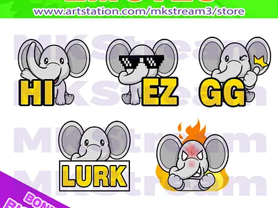 Twitch emotes cute elephant lurk, hi, gg, ez & rage pack animal animated emotes anime cool cute design elephant elephant emotes emote emotes ez gg hi illustration logo lurk rage sub badge twitch emotes
