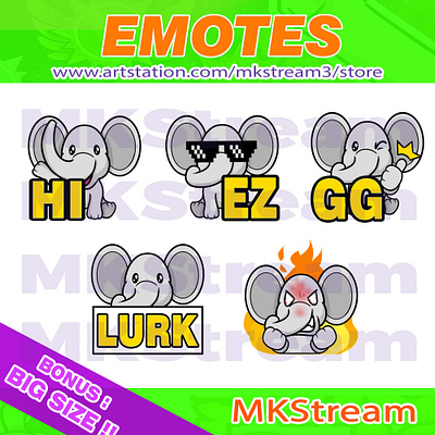 Twitch emotes cute elephant lurk, hi, gg, ez & rage pack animal animated emotes anime cool cute design elephant elephant emotes emote emotes ez gg hi illustration logo lurk rage sub badge twitch emotes