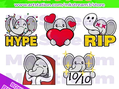 Twitch emotes cute elephant hype, love, rip, comfy & perfect pac animal animated emotes anime comfy cute design elephant elephant emotes emote emotes hype illustration logo love perfect rip sub badge twitch emotes