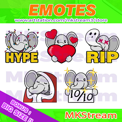 Twitch emotes cute elephant hype, love, rip, comfy & perfect pac animal animated emotes anime comfy cute design elephant elephant emotes emote emotes hype illustration logo love perfect rip sub badge twitch emotes