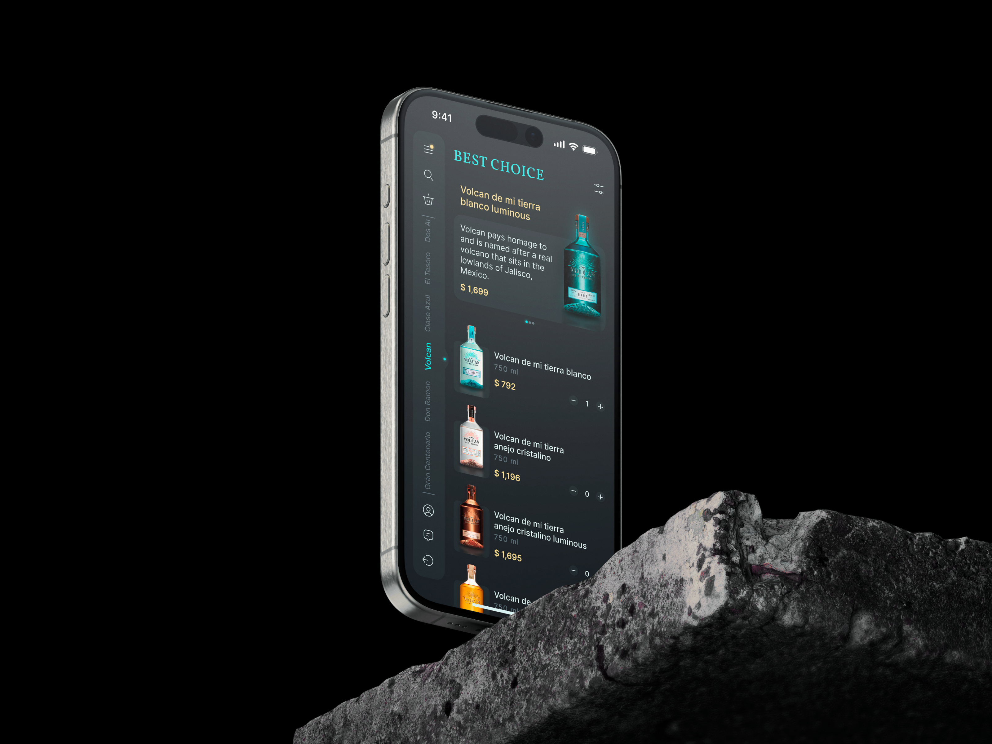 "Volcan shop" mobile app concept (UX/UI) app appstore brand branding dark design dhop dribble e commerce figma logo mobile payment style tequila top ui ux vector visual