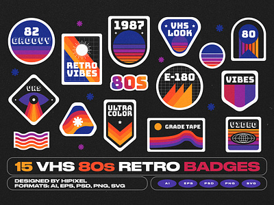 15 VHS 80s Retro Style Badges 80s badges cassette fuji kodak nostalgy polaroid pride rainbow retro sony sticker tape vhs video vintage
