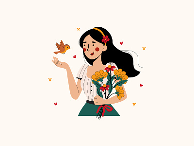 Free Girl Holding Flowers Illustration bird flowers flowers bouquet free illustration freebie illustration spring spring illustrration vector illustration woman