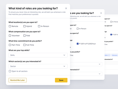 WisGen Onboarding | Web UI checkboxes form getting started job preferences modal modal design onboarding onboarding design preferences product search for jobs setup ui user onboarding ux web design web ui web ui design wisdomcircle work preferences