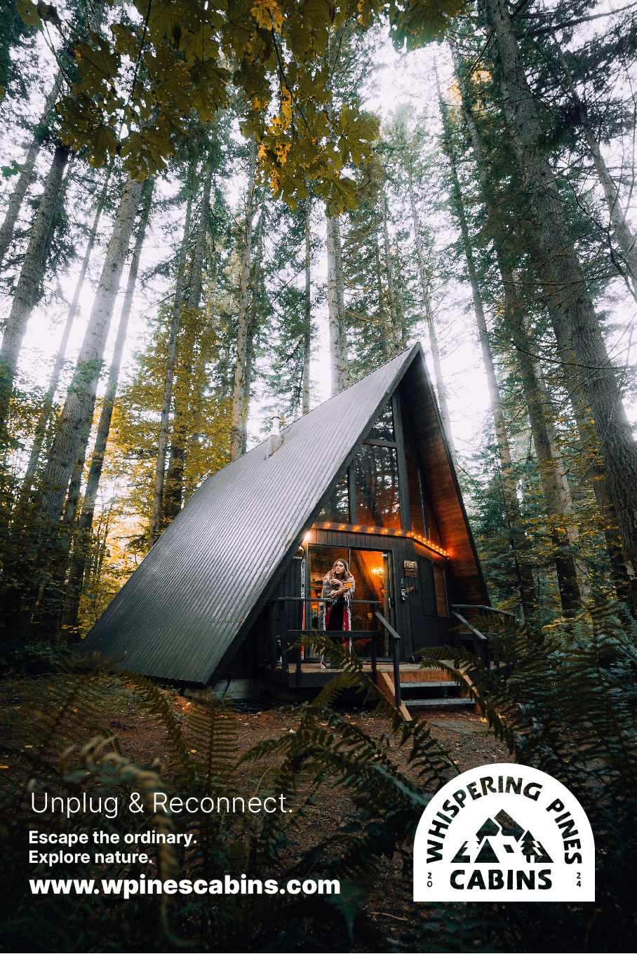 Whispering Pines Cabins branding cabin cozy emblem family firepit forest hike hiking lake logo minimal mountains nature patch pine trees resort rustic trail woods