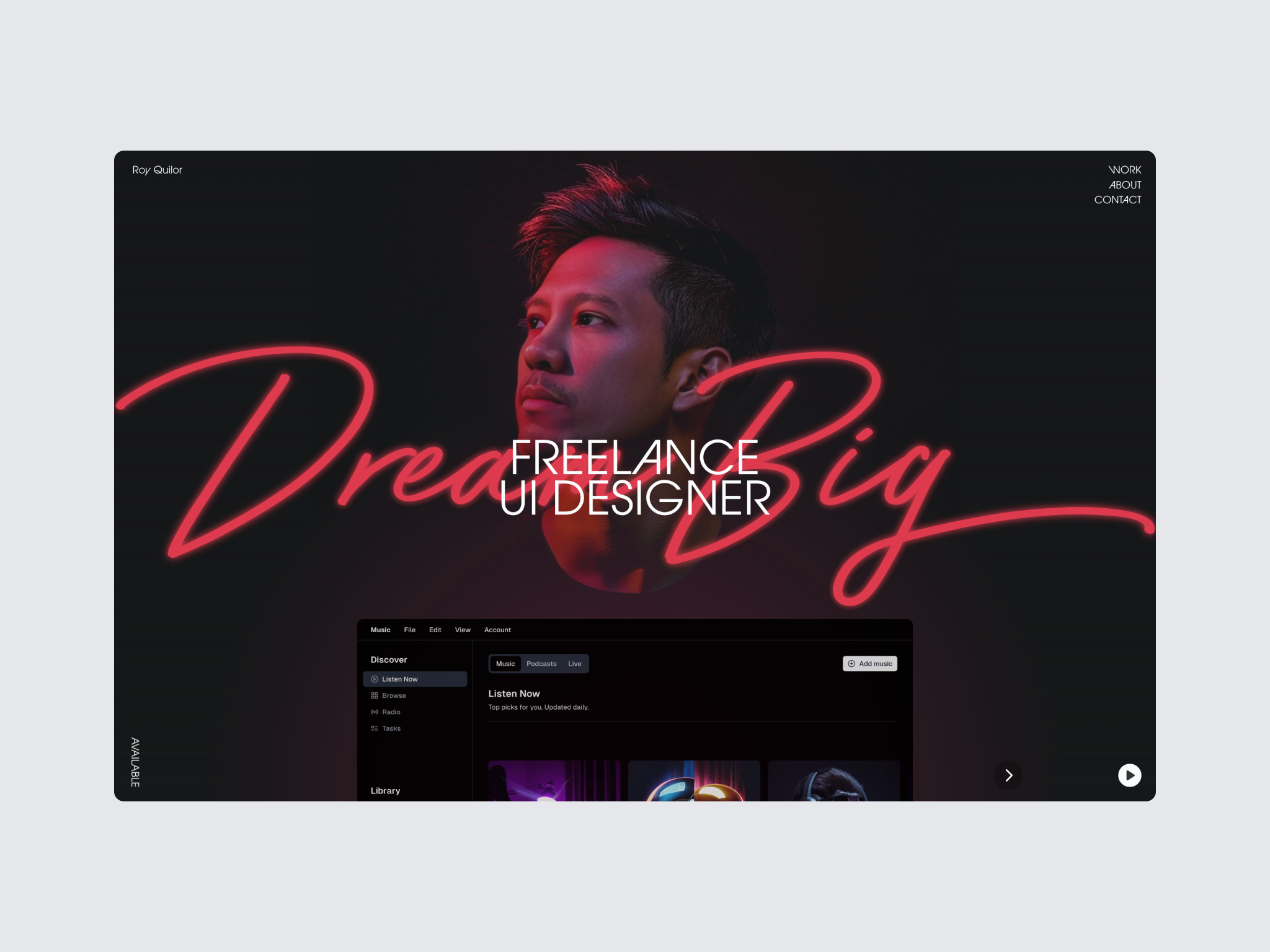 Roy Quilor — Framer Portfolio Website animation clean dark design design system framer freelance landing page large type minimal no code portfolio product design shadcn shadcnui tailwind type typography ui web design