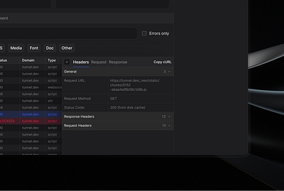 Network logs detail 🤝 @TunnelHQ component components dark mode dark ui table