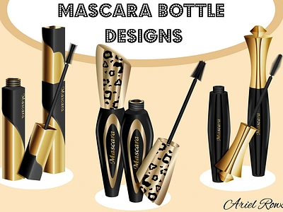 Mascara Bottle Designs - Packaging Mockups beauty brand black branding cosmetics golden graphic design illustration makeup mascara packaging pakaging design product design product mockup ui