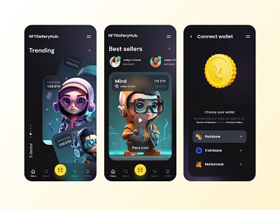 NFT Marketplace Mobile UI Design bitcoin blockchain crypto crypto currency crypto wallet defi ethereum fintech mobile design mobile ui nft nft art nft collection nft community nft marketplace nft portfolio nft wallet token trading ui design