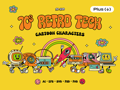 70s Retro Tech Cartoon Characters 70s cartoon character clipart computer cute design download electronics groovy hippie illustration pixelbuddha png retro svg tech vector vibe vintage