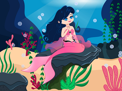 Mermaid Sitting on Rock- Fantasy Character with Background cartoon illustration fairytale fantasy character graphic design illustration marine background mermaid sitting on rock mermaid tail pink mermaid sea underwater plants underwater scene water bubbles