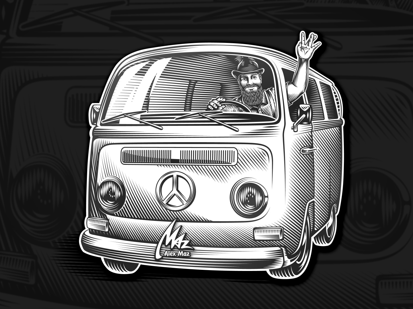 A man travels in a retro bus VW (vector art) 70s art bavarian bearded black and white bus driving engraving freelancer gesture hand drawing illustration journey lineart microbus old retro travel vector vintage