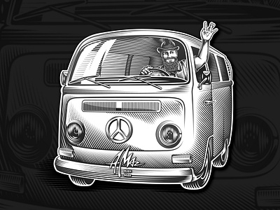 A man travels in a retro bus VW (vector art) 70s art bavarian bearded black and white bus driving engraving freelancer gesture hand drawing illustration journey lineart microbus old retro travel vector vintage