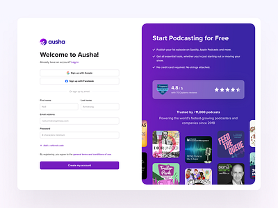 Sign Up Page 🔏 ausha clean interface log in page login minimal podcast saas sign up page signup ui ux
