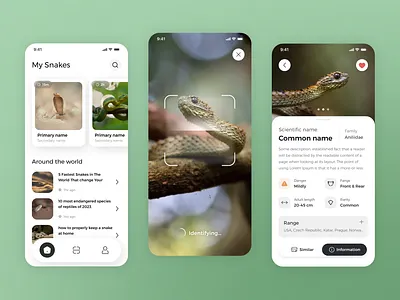 Snake Identification App UI animal design design identification identification ui landing page snake snake app snake identification snake mobile app snake recognition ui ux web webdesign website