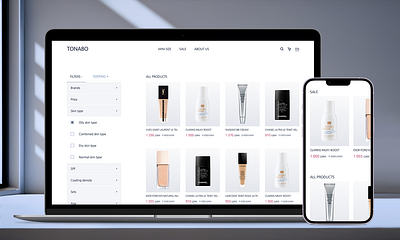 Cosmetics Store 2024 all product branding cosmetics store design desktop filters foundation logo luxury minimalistic mobile mockup product card product price products page research ui ux ui design white