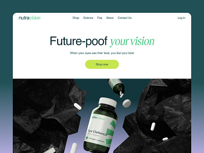 Home screen of the site with a 3D object block with packing colorful design creative colors creative design font pair green health main screen medicine pharmacy selling design ui vision web designer website design