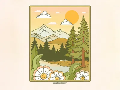 Spring Landscape adventure apparel graphic botanical brand assets brand identity design earth design florals flower shop flowers illustration landscape mountain pine tree plant design stars sun sunrise sunset trees