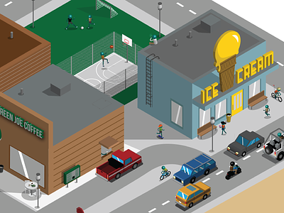 Isometric City 3d basketball bicycle bike cars city cityscape football ice cream icecream illustrator iso isometric isometric left motorcycle road roadway soccer town truck