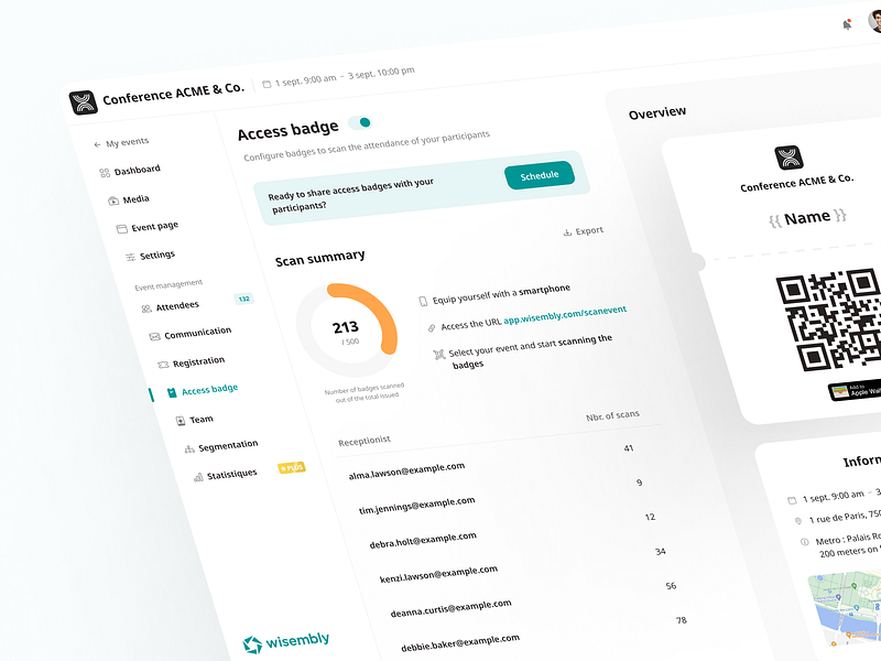 Access Badge Creation 🎟️ access badge badge clean event interface minimal saas ui ux wisembly